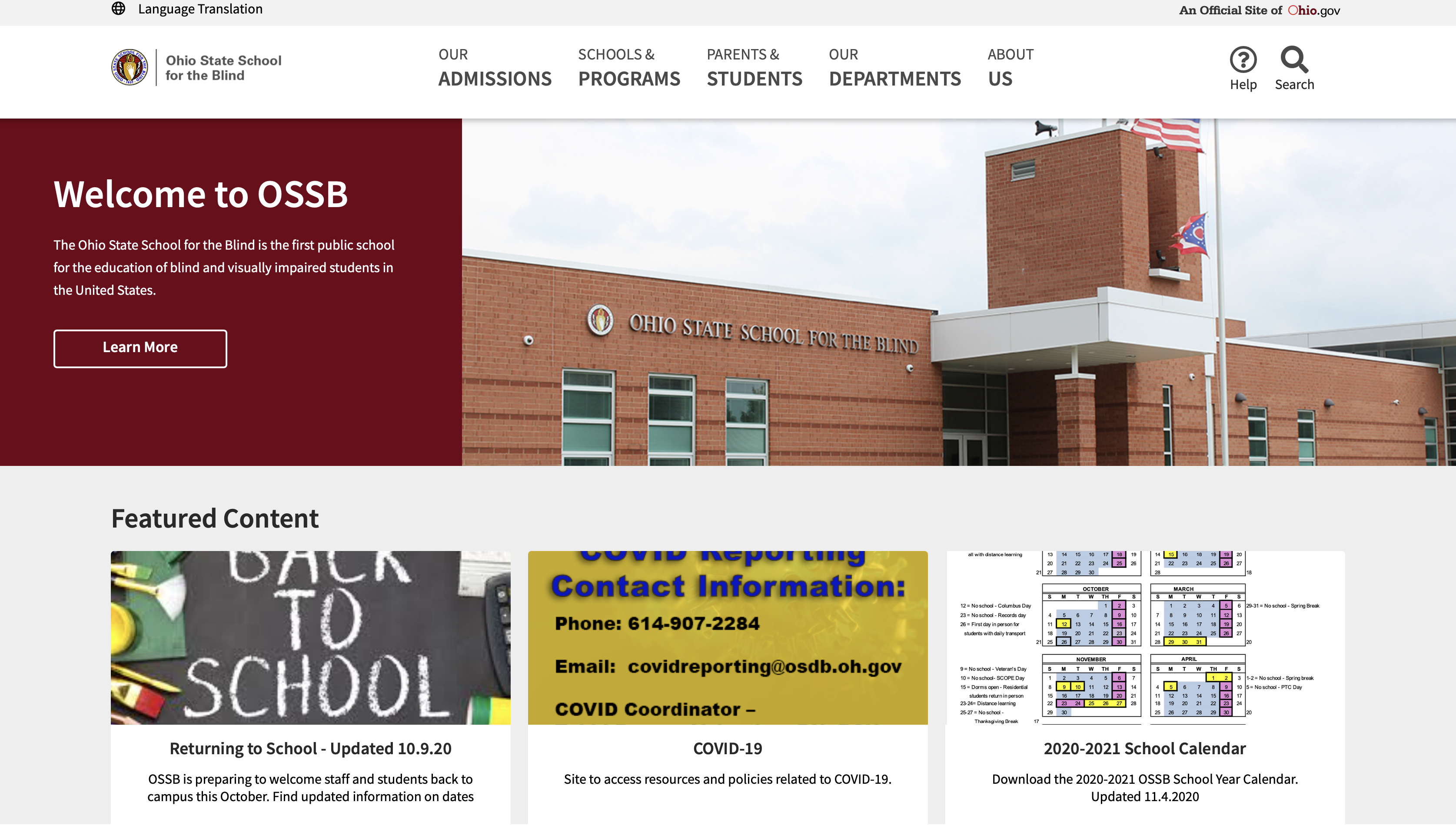 Ohio State School for the Blind webpage screenshot